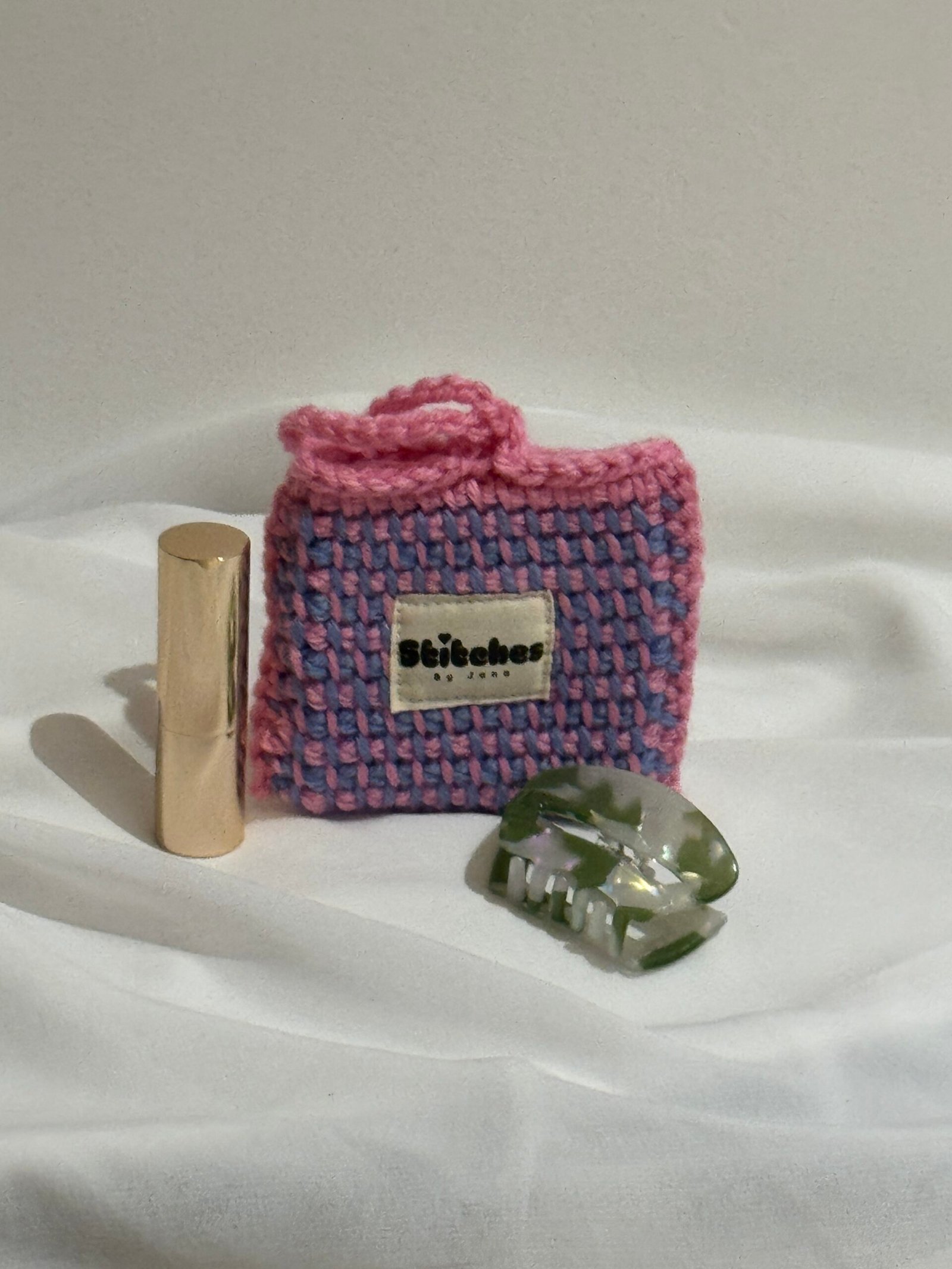 Gehaakte mini pouch - Roze / blauw - Afbeelding 2