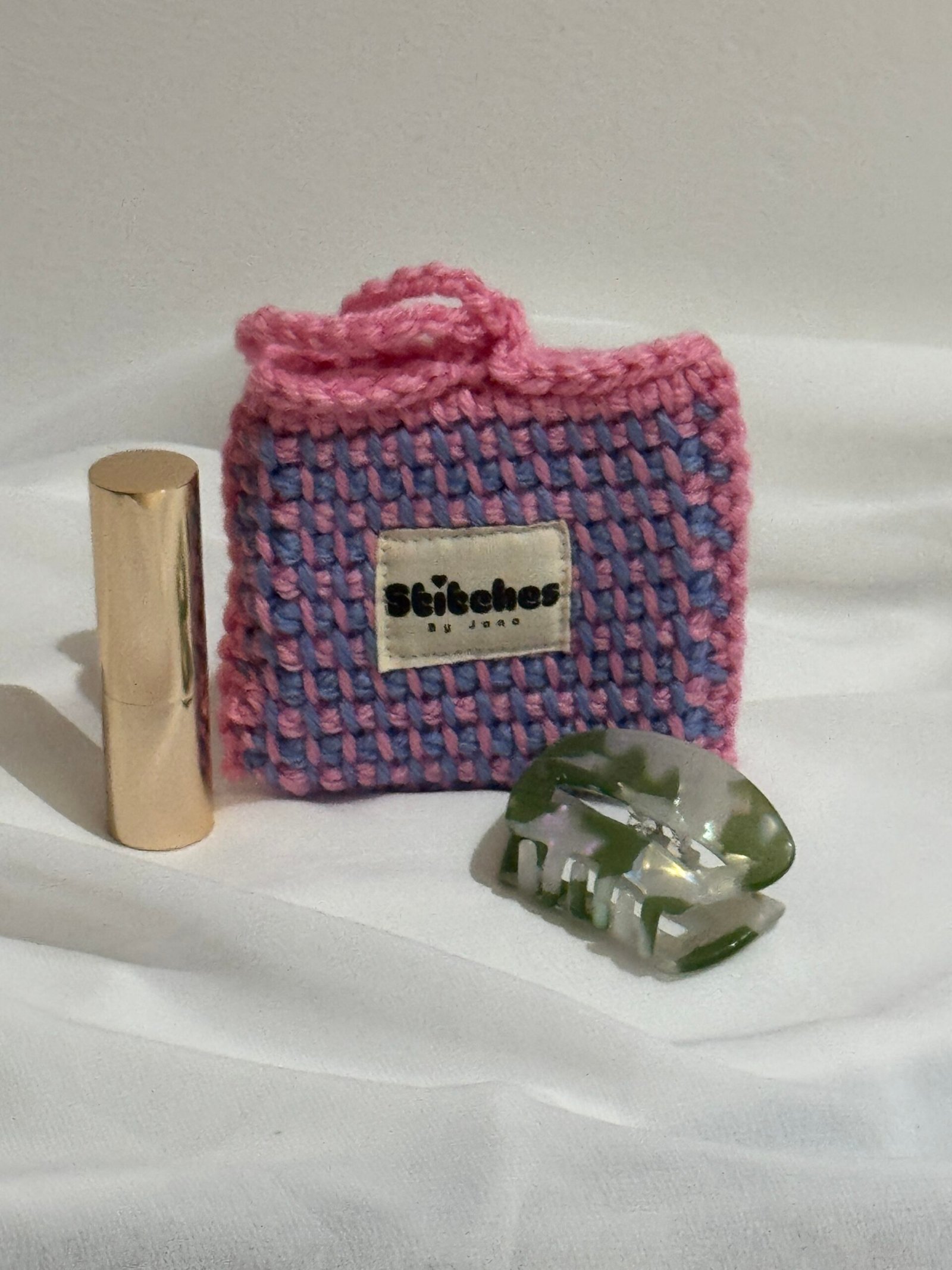 Gehaakte mini pouch - Roze / blauw